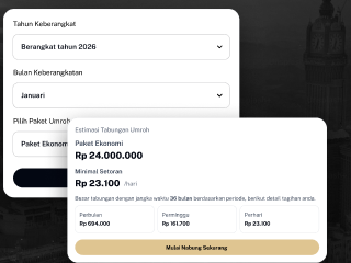 Tampilan simulasi Tabungan Umrah Berumrah dengan pilihan paket dan estimasi setoran.