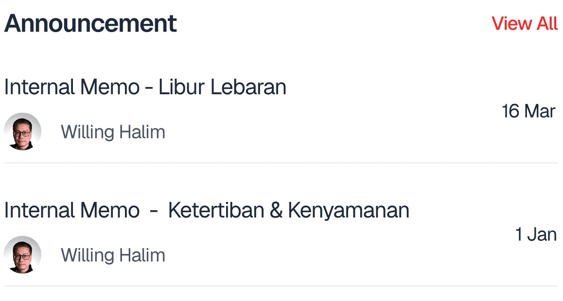 Detail pengumuman internal dari workspace Talentaku original.